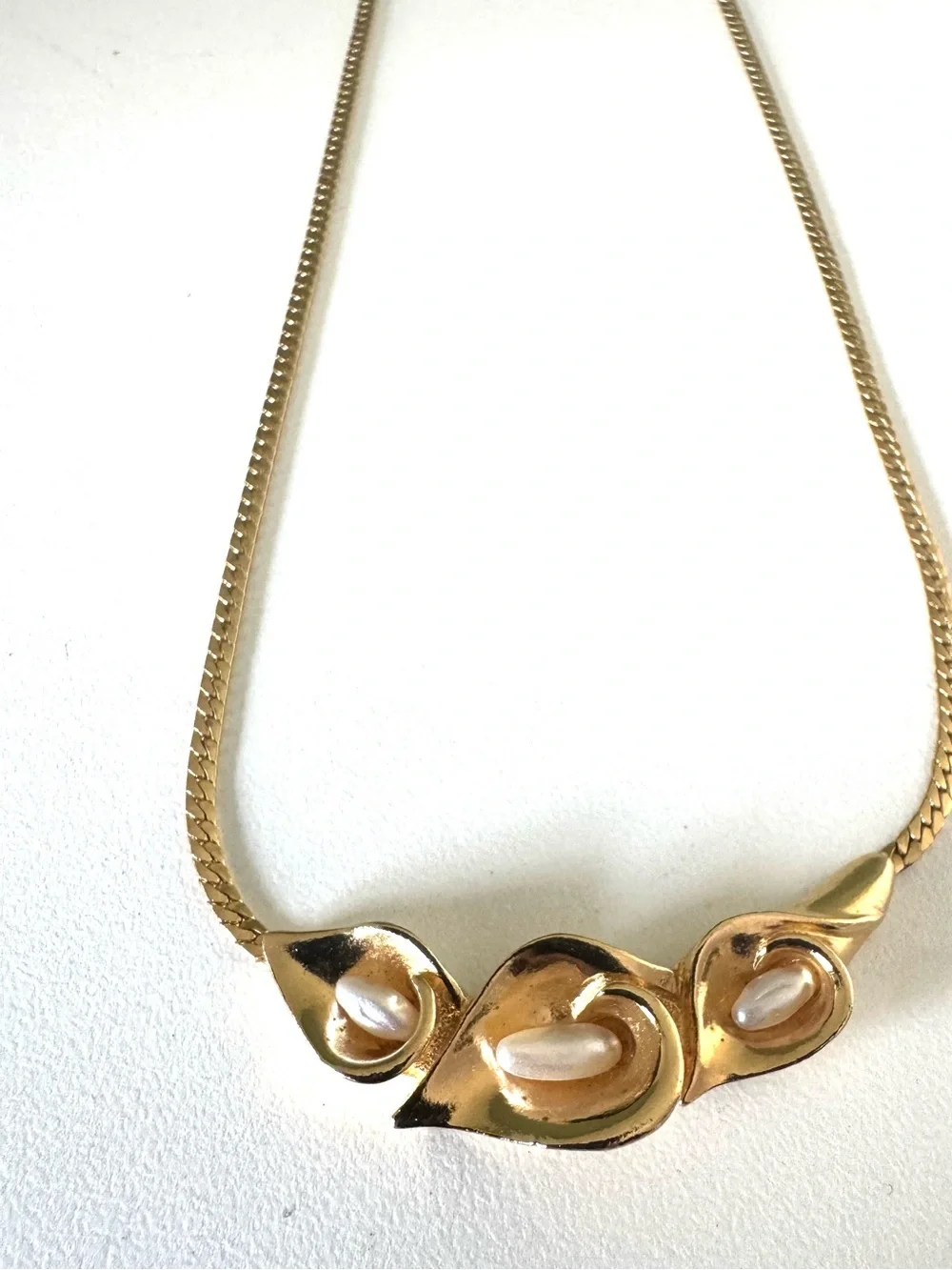 Vintage Gold Filled Triple Calla Lily  Pearl Necklace.